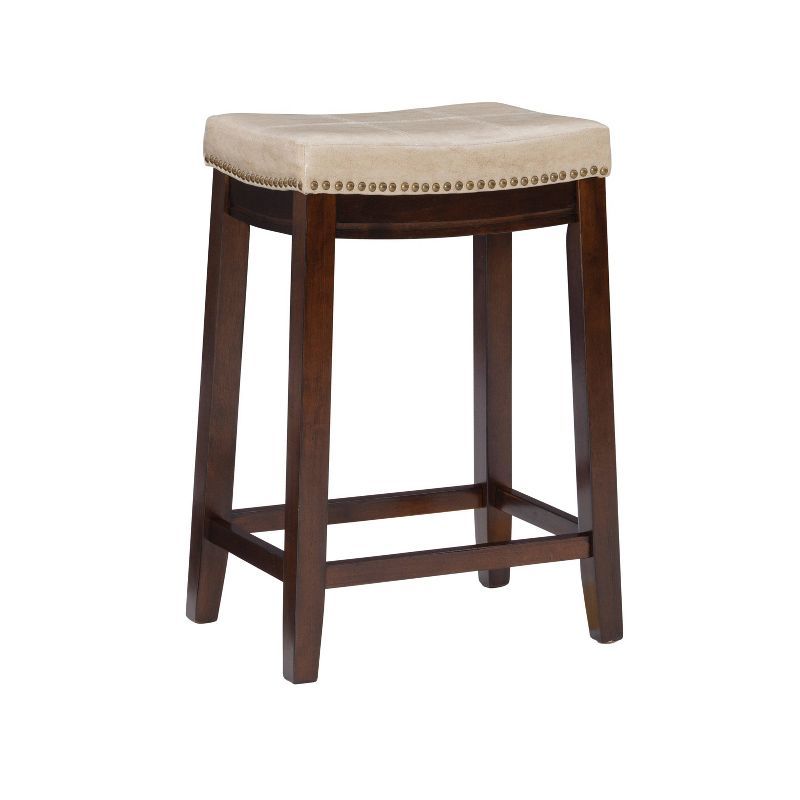 Beige Faux Leather Saddle Counter Stool with Wood Frame