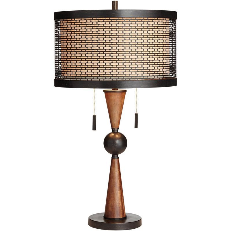 Adjustable Bronze and Cherry Wood Table Lamp with Double Drum Shade