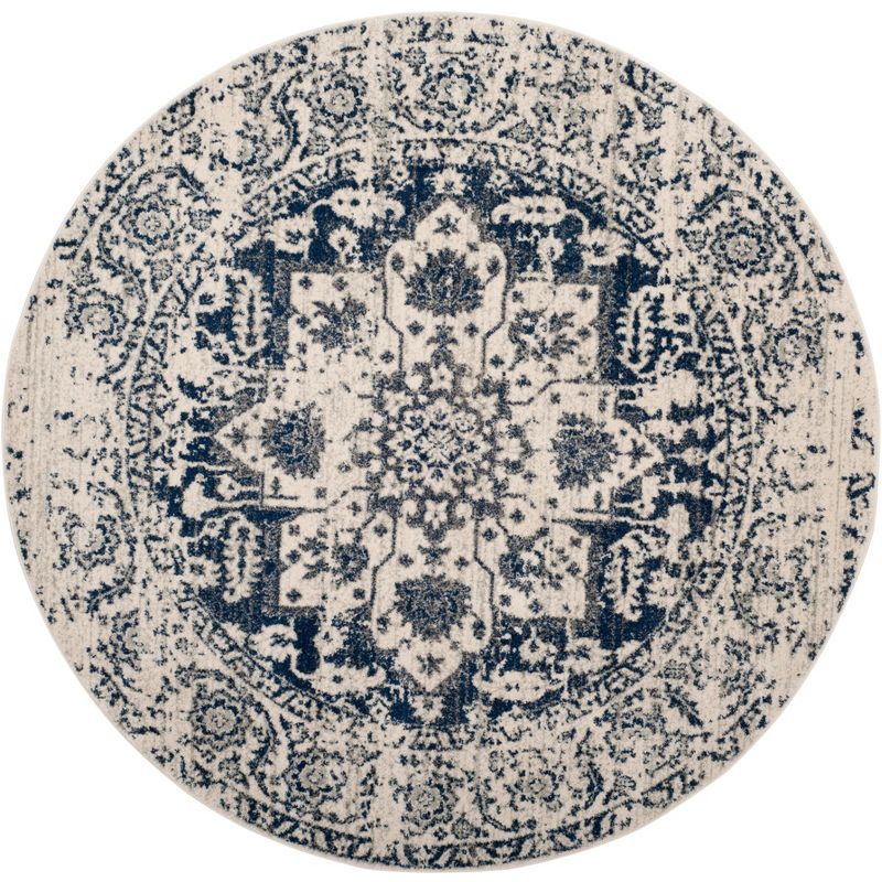 Cream and Navy Round Synthetic Medallion Area Rug, 8'