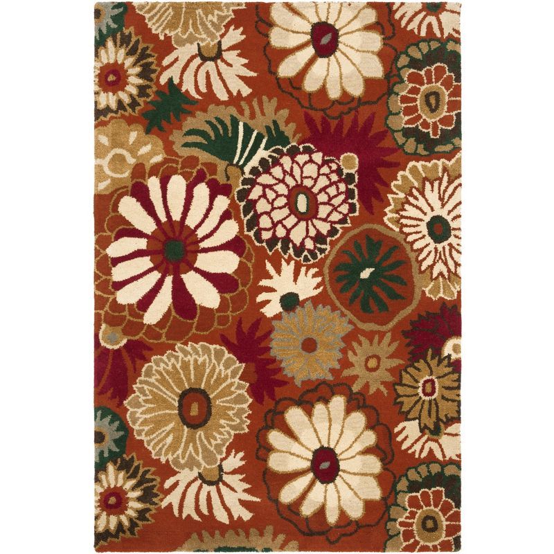 Ivory and Rust Floral Handmade Wool 4' x 6' Rug