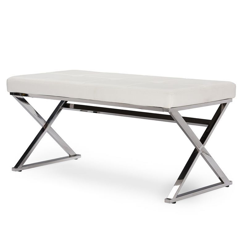 Herald White Faux Leather and Stainless Steel Rectangular Bench