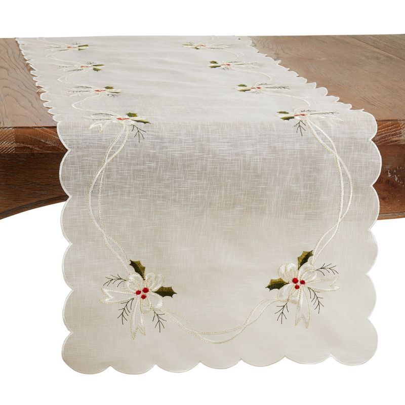 White Polyester Table Runner with Embroidered Holly and Ribbon Design