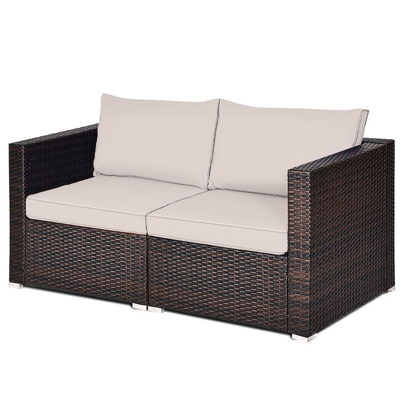 Beige Wicker and Metal Two-Seater Sectional Sofa