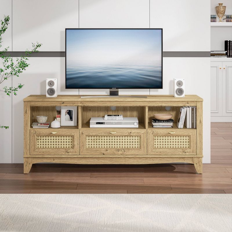 Farmhouse Beige 60'' Rustic Wicker Door TV Stand with Storage