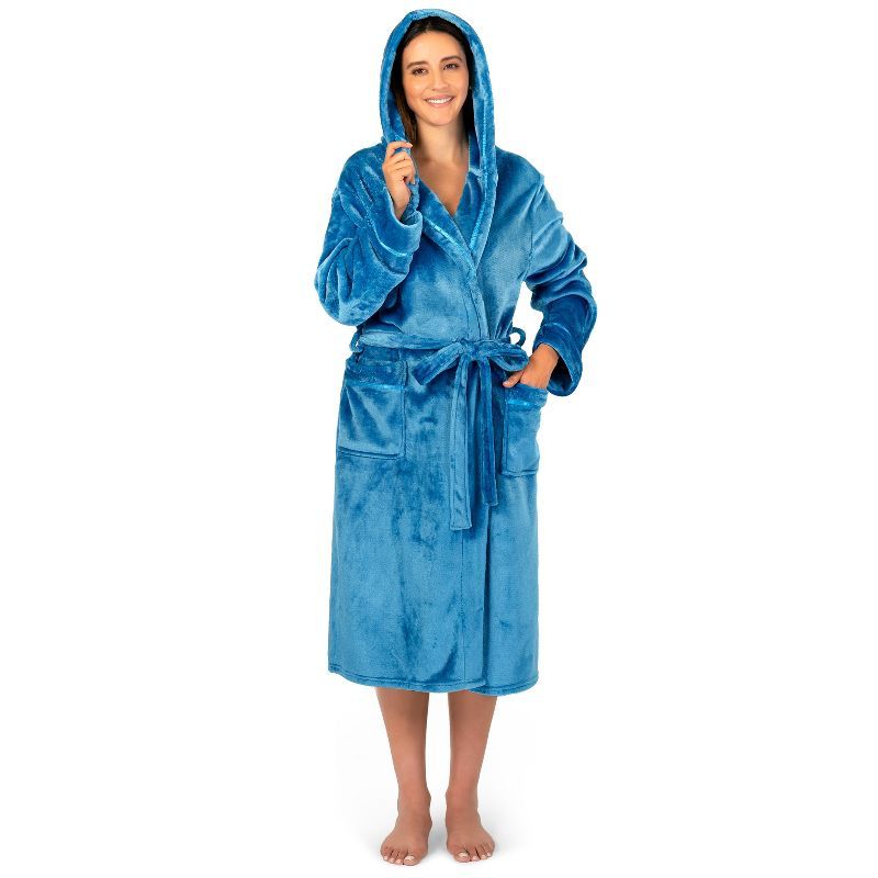 Sea Blue Fleece Hooded Bathrobe with Satin Trim, L/XL