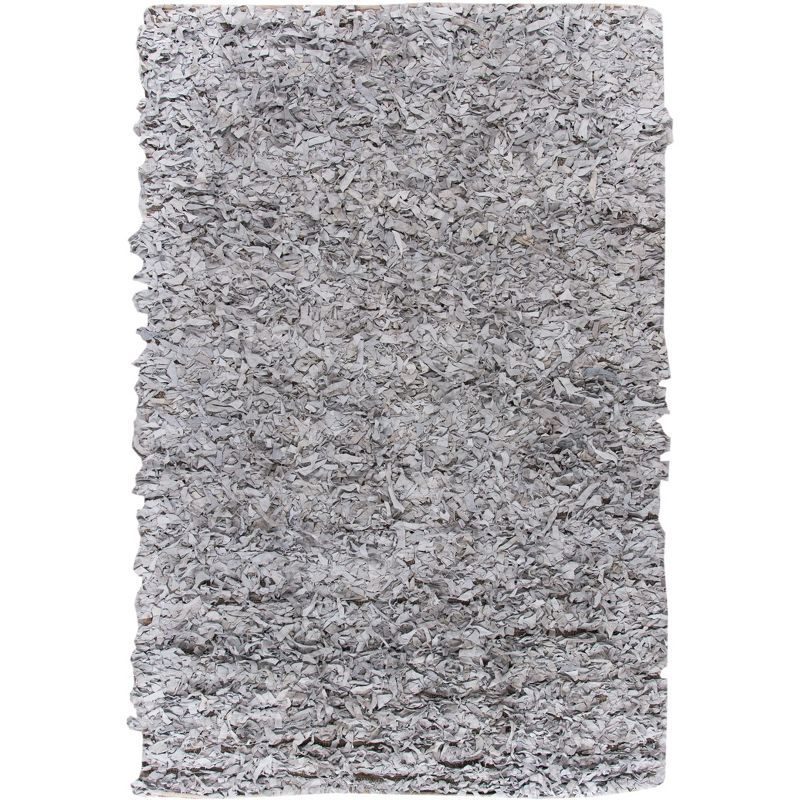 White Hand-Knotted Leather Shag Rectangular Rug