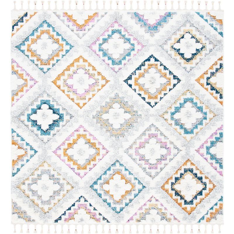 Boho-Chic Moroccan Fringe Shag 6'7" Square Area Rug in Grey