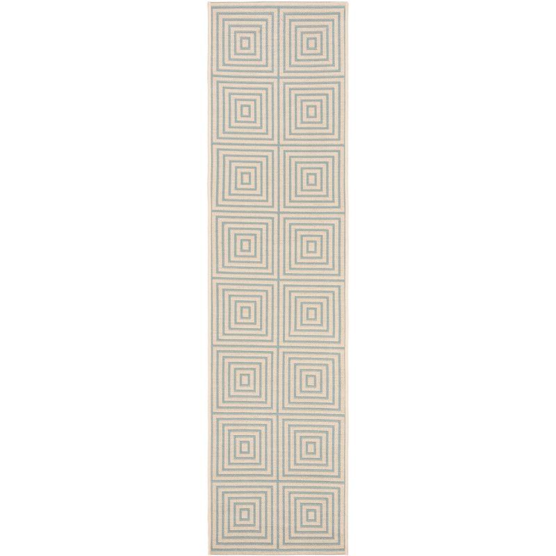 Cream and Aqua Geometric Indoor/Outdoor Runner Rug 2'2" x 6'