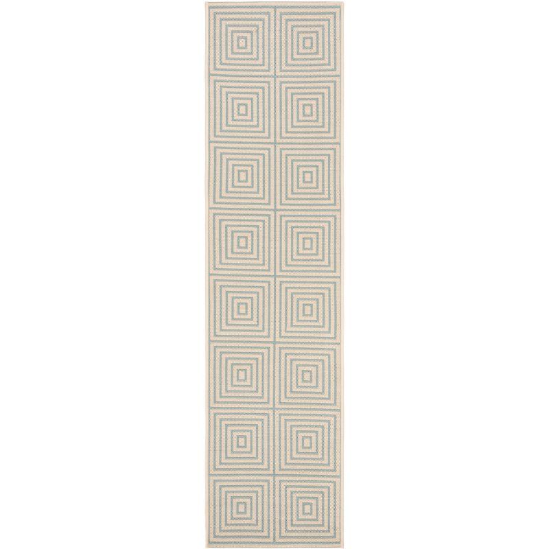 Cream and Aqua Geometric Indoor/Outdoor Runner Rug 2'2" x 6'