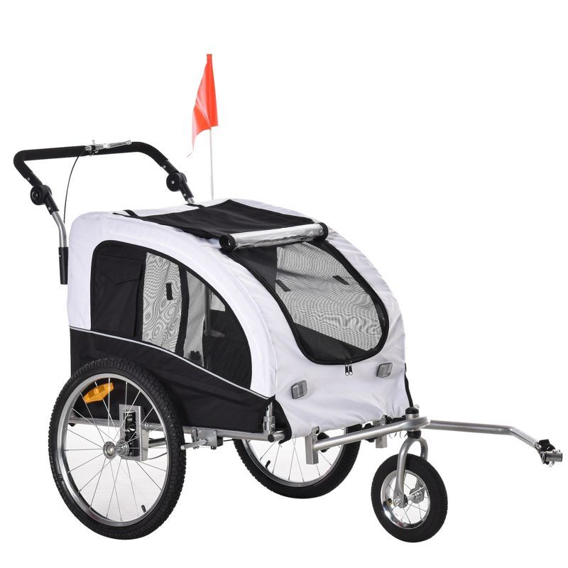 White and Black 2-in-1 Dog Bike Trailer Pet Stroller