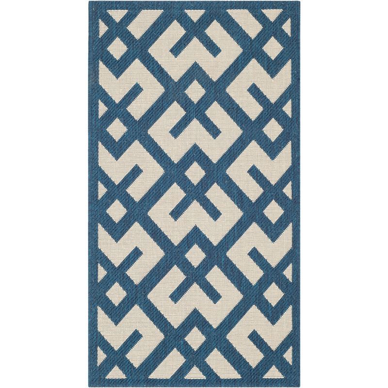 Navy and Beige Geometric Rectangular Indoor/Outdoor Rug