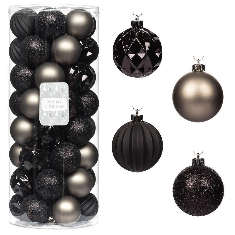 Black and Grey Shatterproof Plastic Christmas Ornament Set, 50 Count