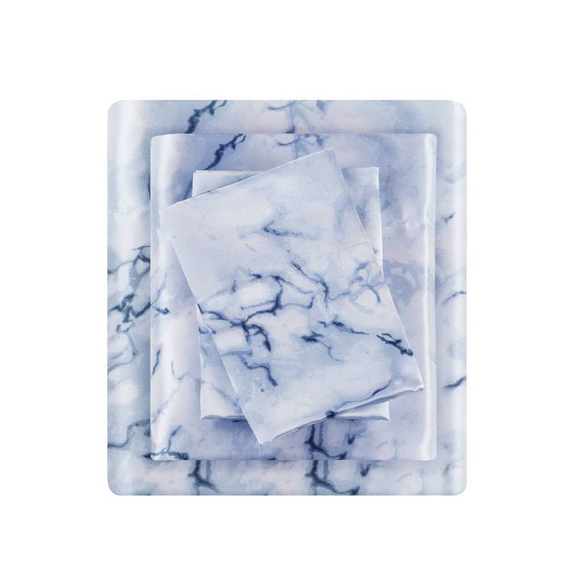 Twin Blue Marble Satin Polyester Sheet Set