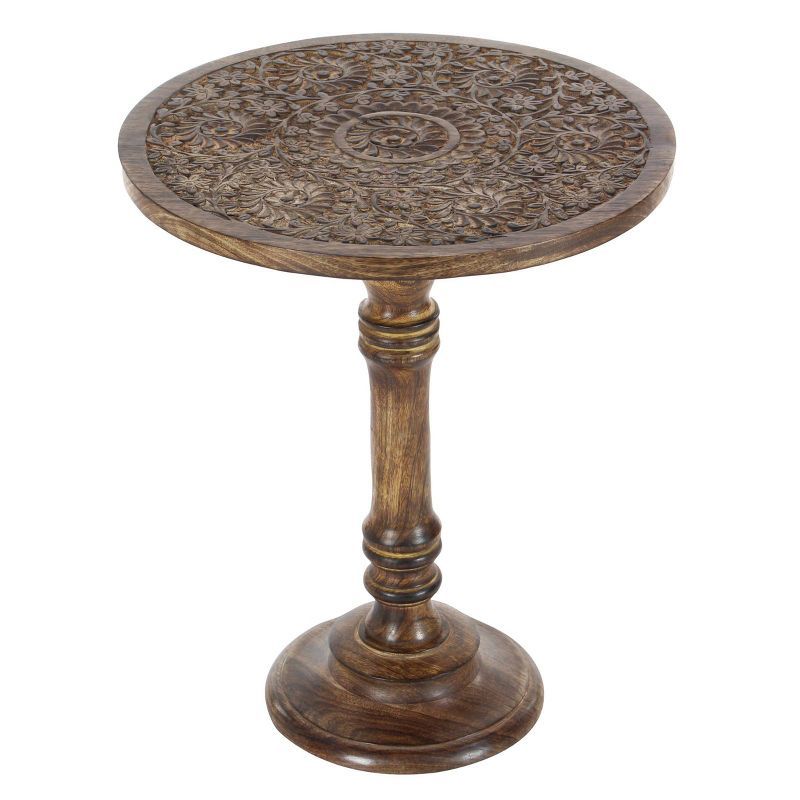 Majestic Floral Carved Dark Brown Mango Wood Round Accent Table