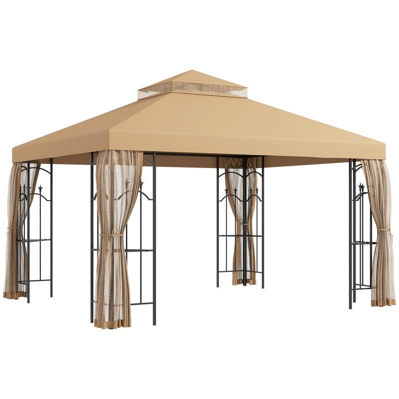 Outsunny Brown Steel Outdoor Patio Gazebo with Mesh Curtains and Shelves