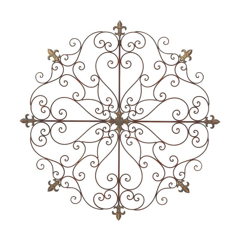 Brown Metal Scrollwork Fleur De Lis Wall Sculpture