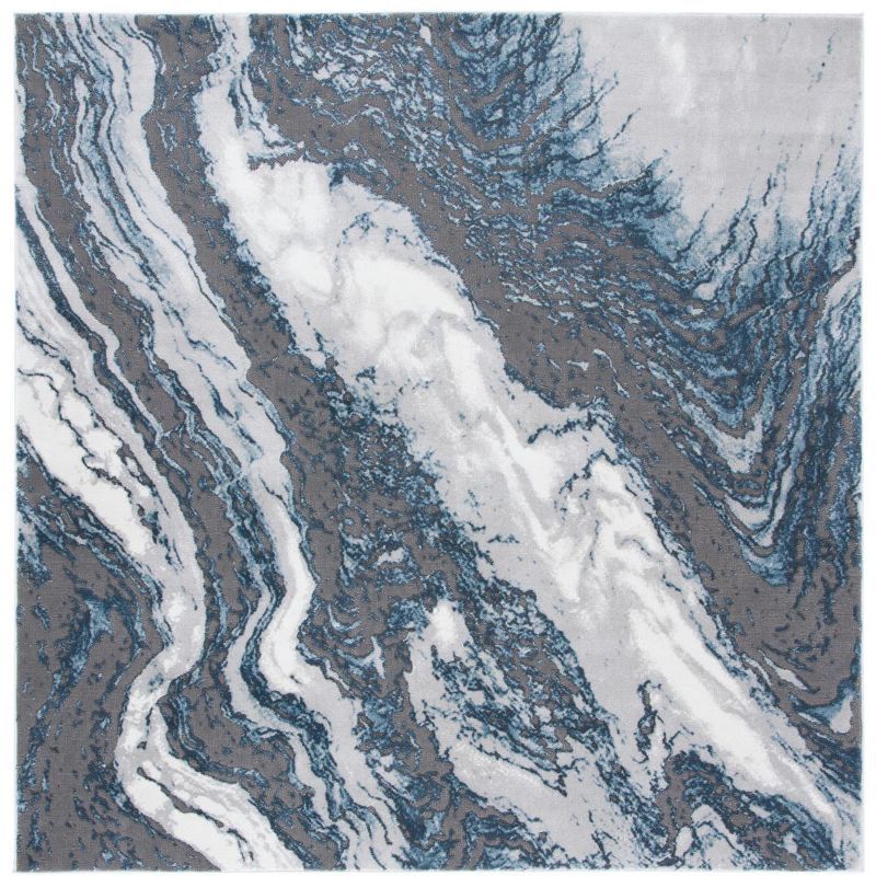 Blue and Grey Abstract Square Synthetic Area Rug