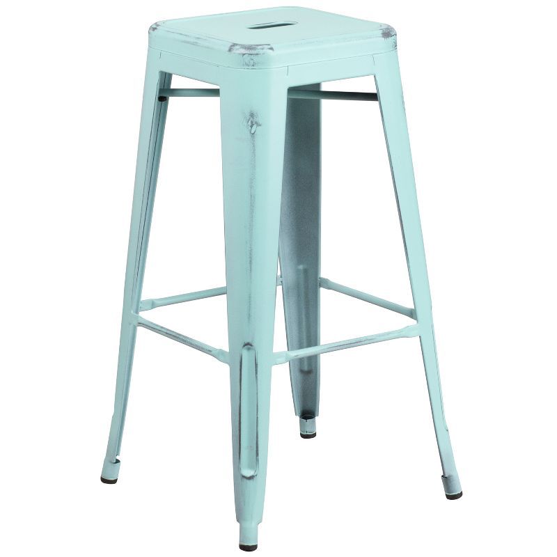 30" Distressed Green-Blue Metal Backless Bar Stool