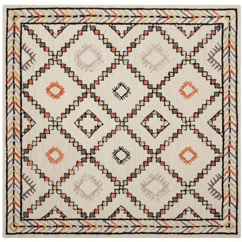Ivory and Multi Wool Viscose Handmade Square Area Rug