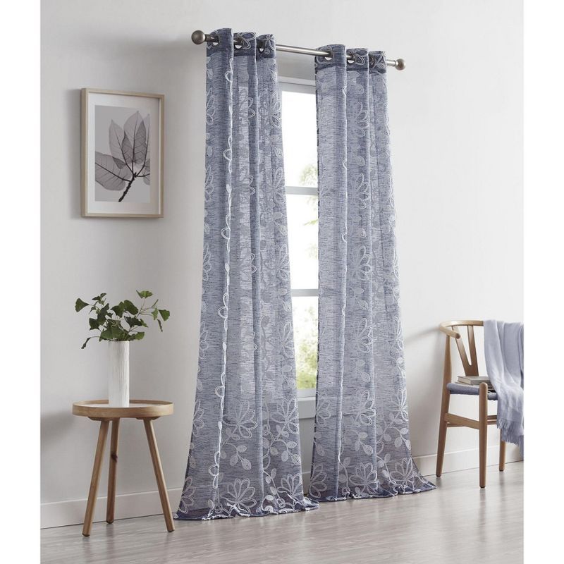 Blue Linen Floral Embroidered Sheer Grommet Curtains, 96"