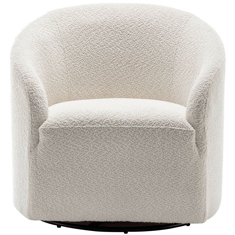 White Boucle Upholstered Swivel Barrel Accent Chair