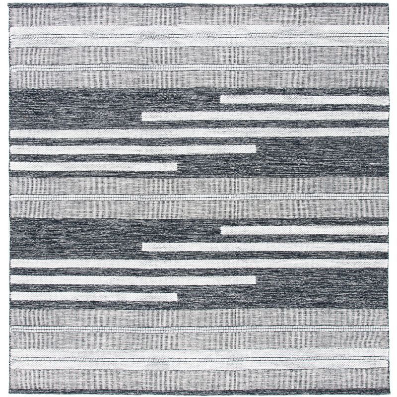 Ivory and Black Striped Kilim Square Wool Area Rug