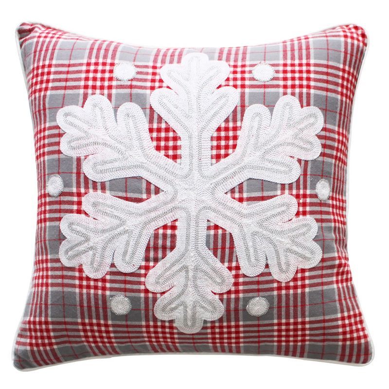 Red and Gray Embroidered Snowflake Plaid Square Pillow