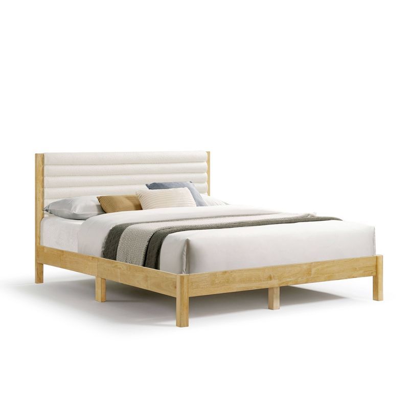 Natural Queen Platform Bed with Boucle Upholstered Headboard