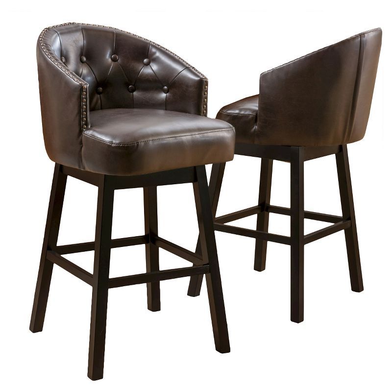 Espresso Stained Swivel Leather Barstool Set in Brown