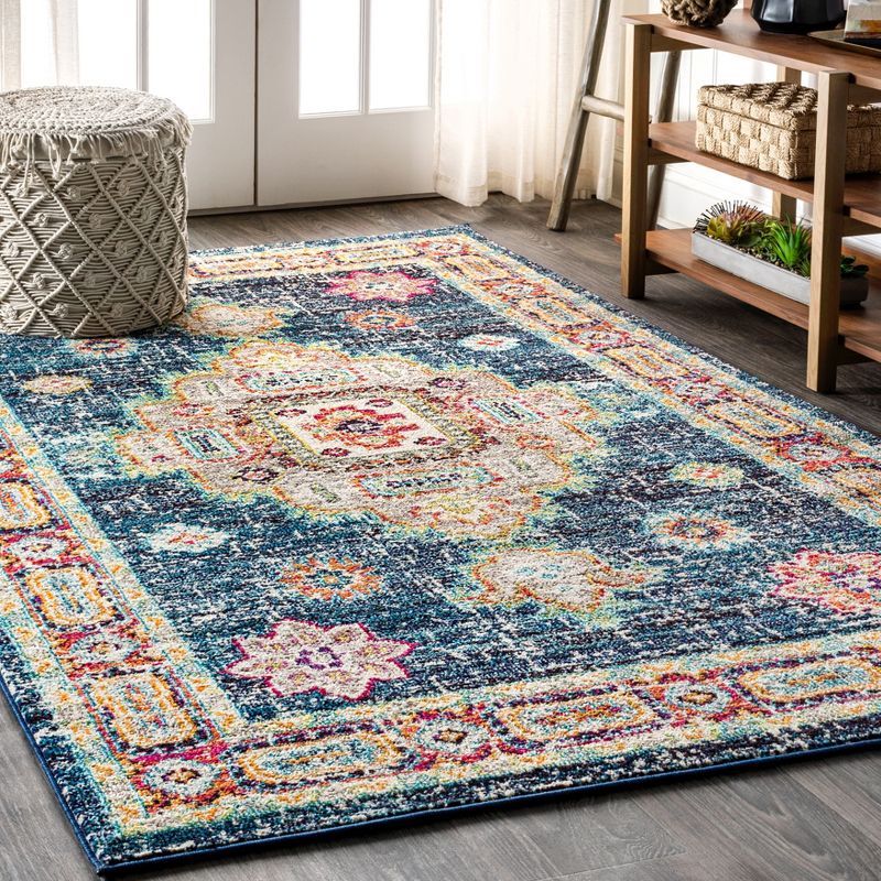 Navy and Red Synthetic Medallion Reversible 8' x 10' Area Rug