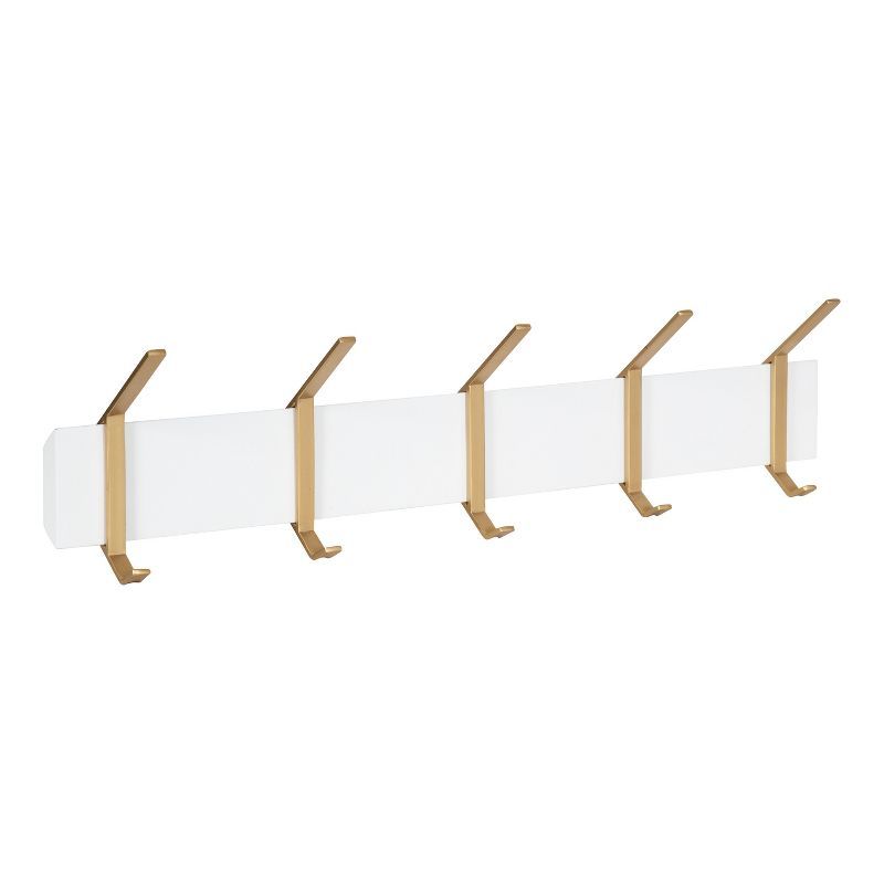 White and Gold Wall-Mounted Wood Coat Rack with 5 Hooks