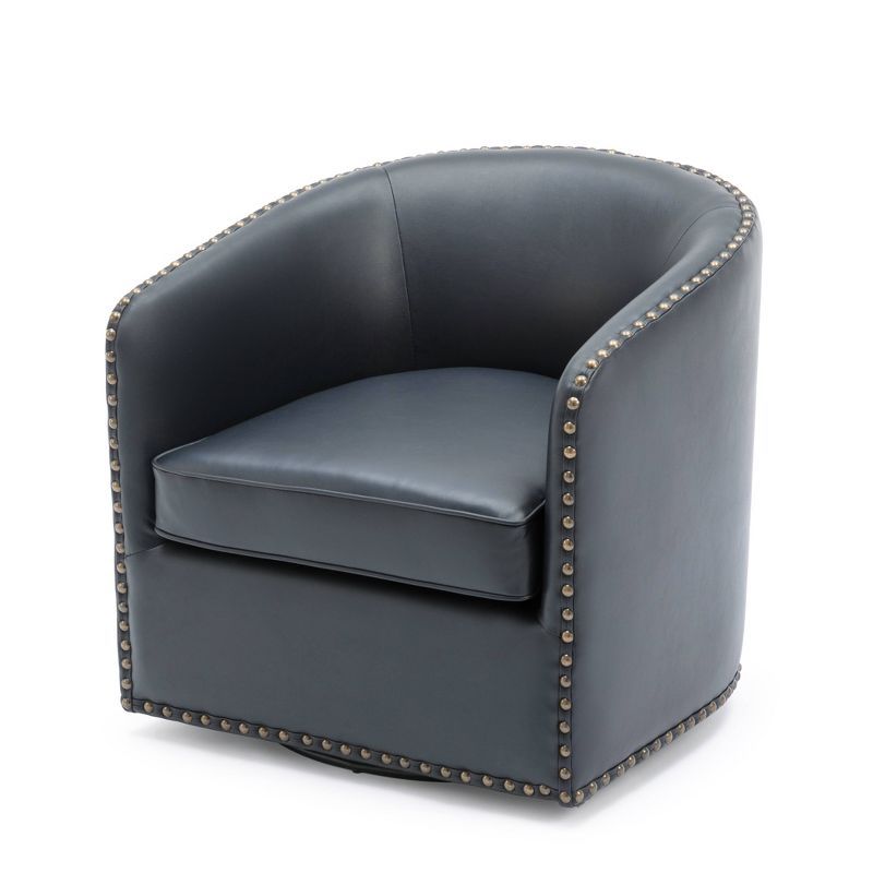 Midnight Blue Faux Leather Transitional Barrel Swivel Accent Chair