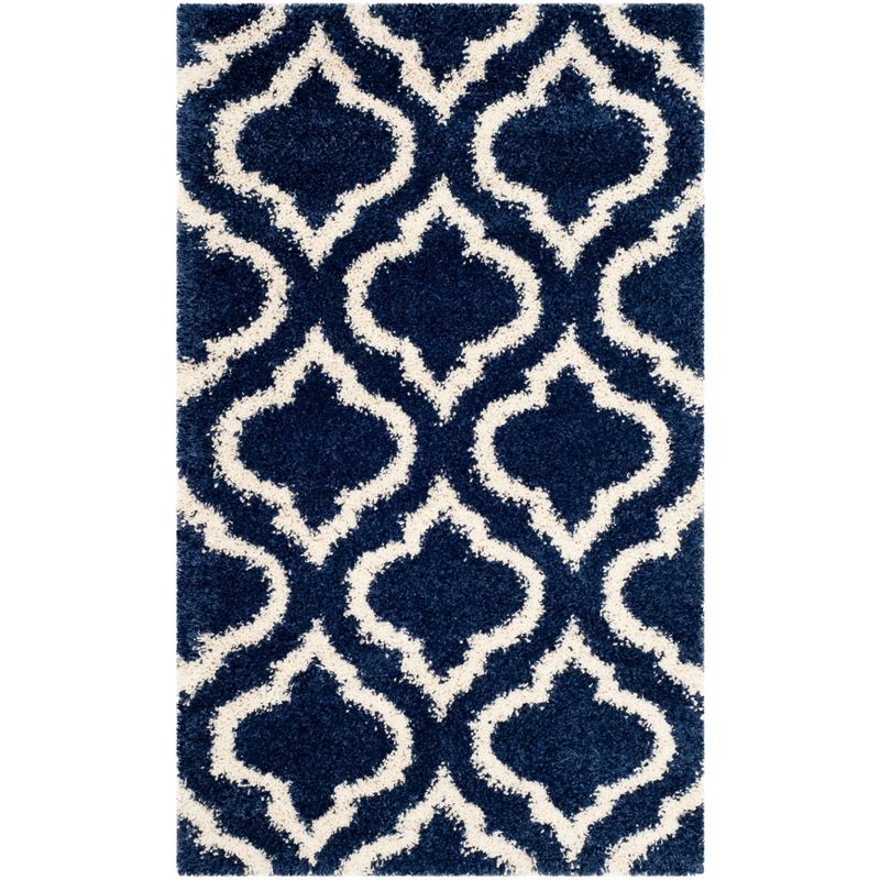 Navy and Ivory Round Synthetic Easy-Care Shag Rug