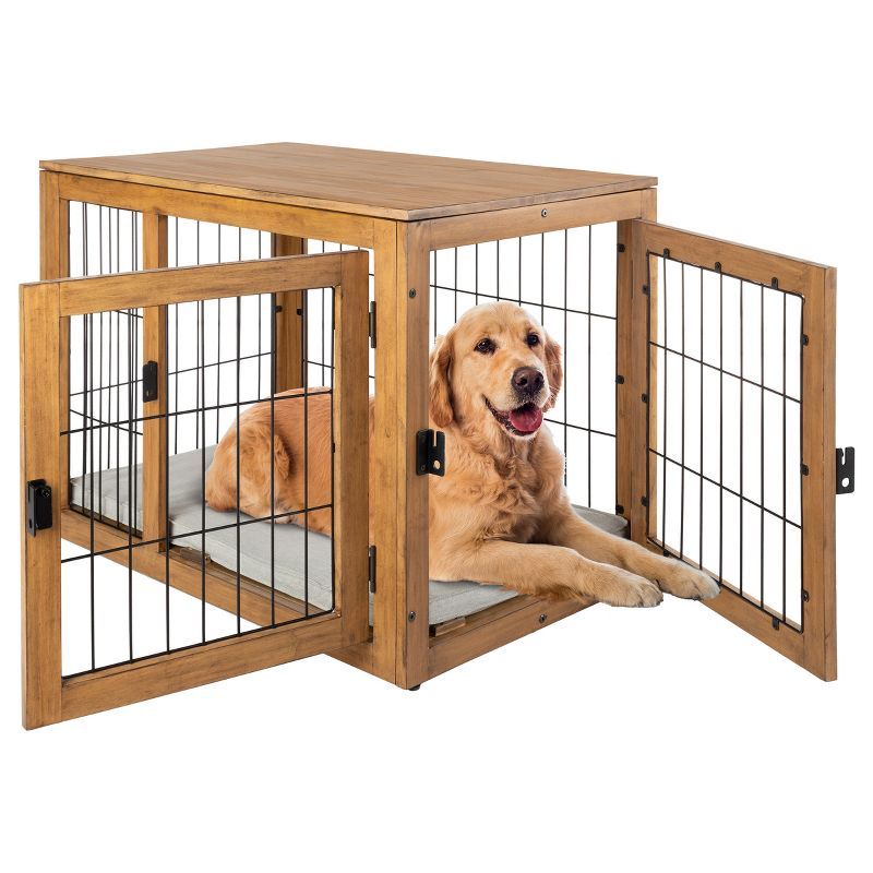 Large Black and Gray Acacia Wood Dog Crate Table