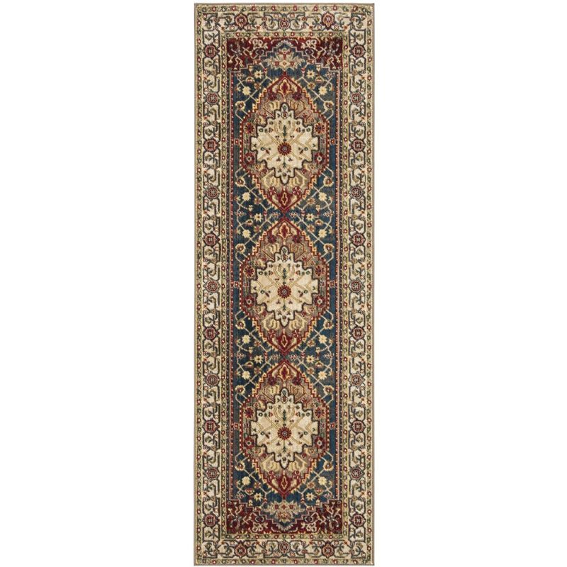 Reversible Blue Floral Easy Care Synthetic Runner Rug
