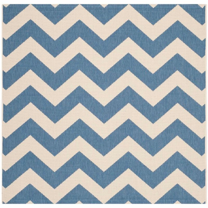 Blue and Beige Chevron Square Indoor/Outdoor Rug