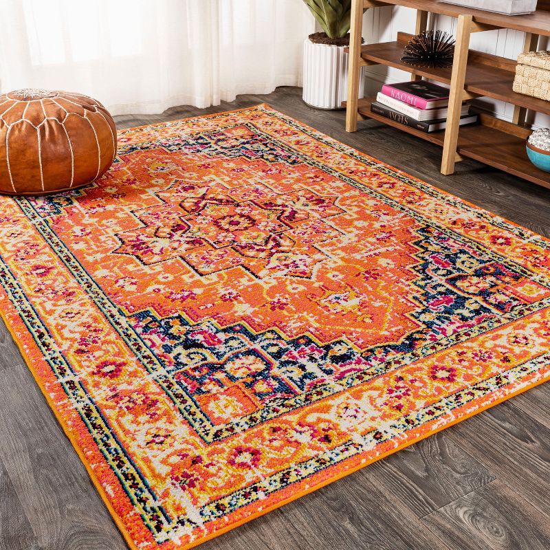 Orange and Blue Medallion Synthetic Reversible Area Rug