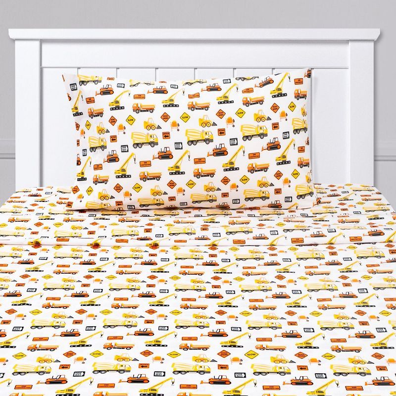 Construction Trucks White Microfiber Twin XL Kids Sheet Set