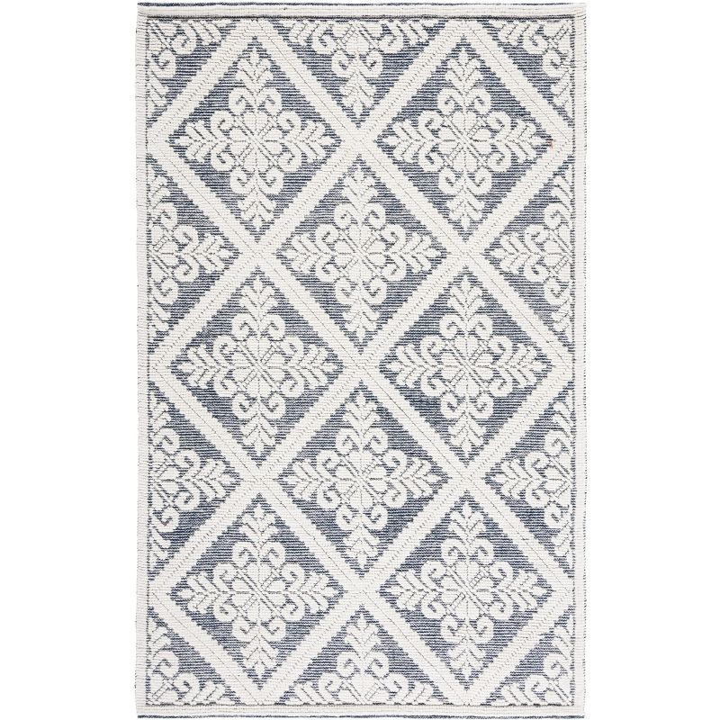 Vermont Ivory and Navy Hand-Knotted Wool Area Rug 4' x 6'