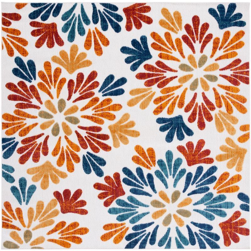 Creme and Red Floral Synthetic Square Indoor/Outdoor Rug