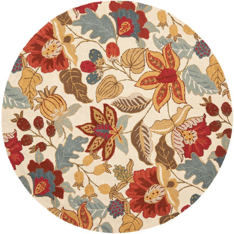 Handmade Ivory and Multicolor Floral Wool Round Area Rug, 6'