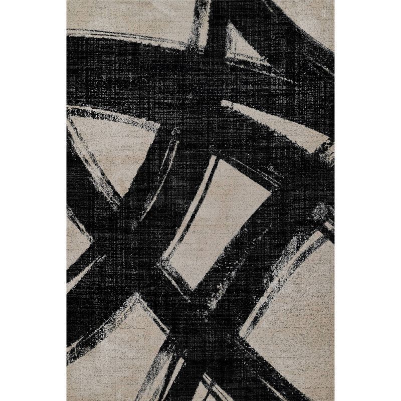 Rectangular Black and Ivory Synthetic Geometric Area Rug