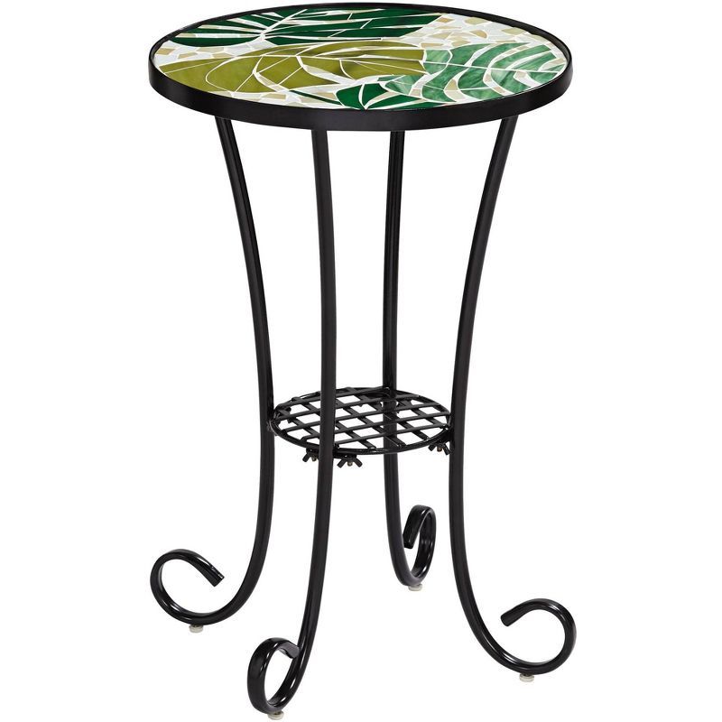 Contemporary Black Metal and Green Leaf Mosaic Outdoor Side Table