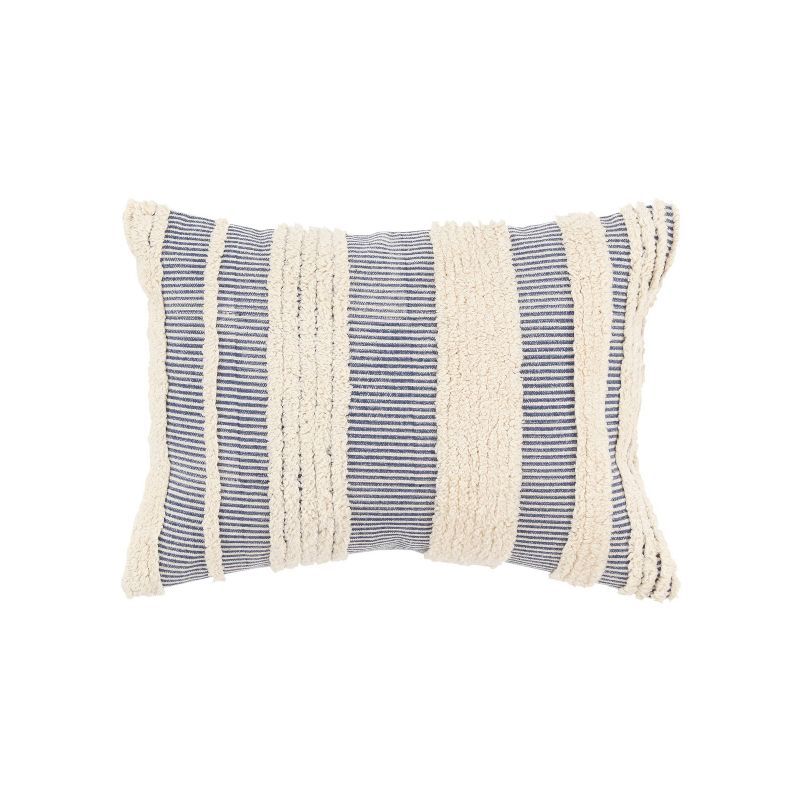 Navy Blue and Natural Cotton Striped Lumbar Throw Pillow