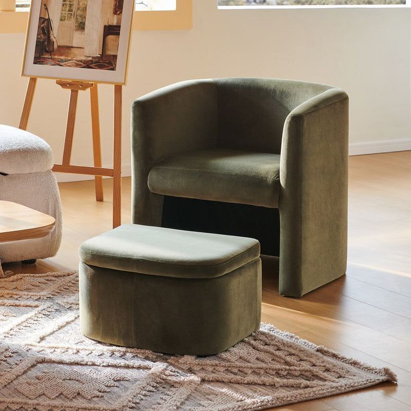 Green Velvet Barrel Accent Chair with Storage Ottoman