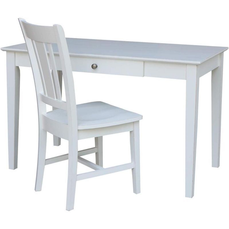 Beach White Solid Hardwood Desk with Drawer and Chair Set