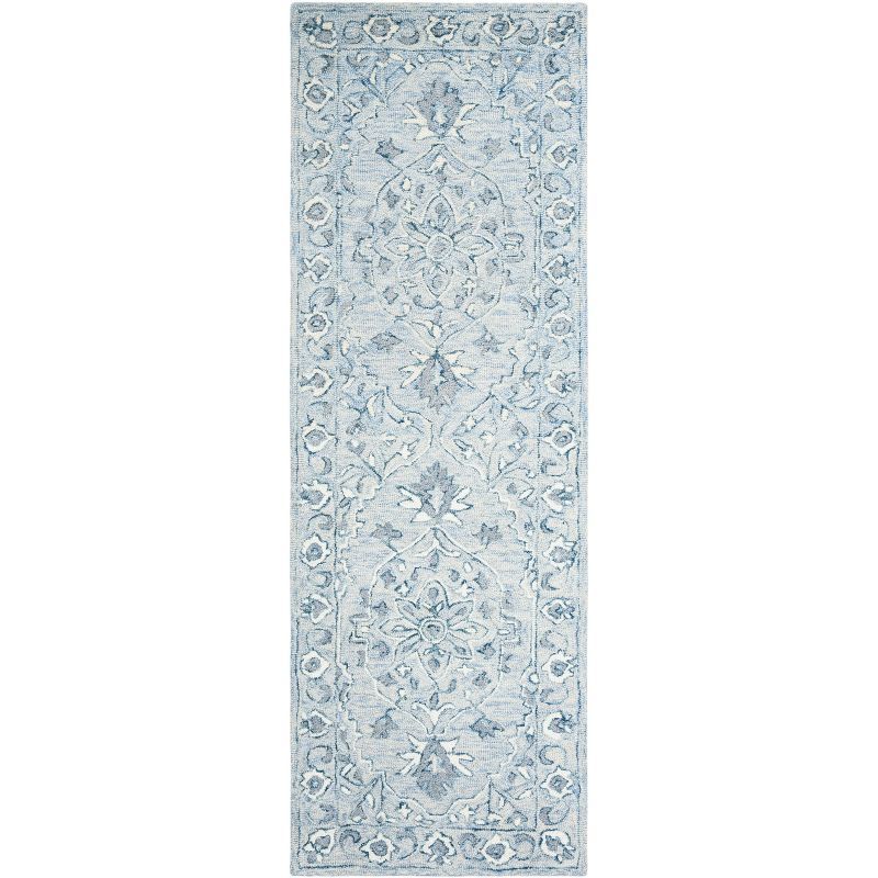 Handmade Light Blue and Ivory Wool Medallion Runner Rug