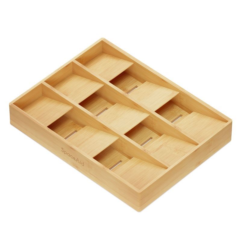 Natural Bamboo 9-Slot Silverware Drawer Organizer with Labels