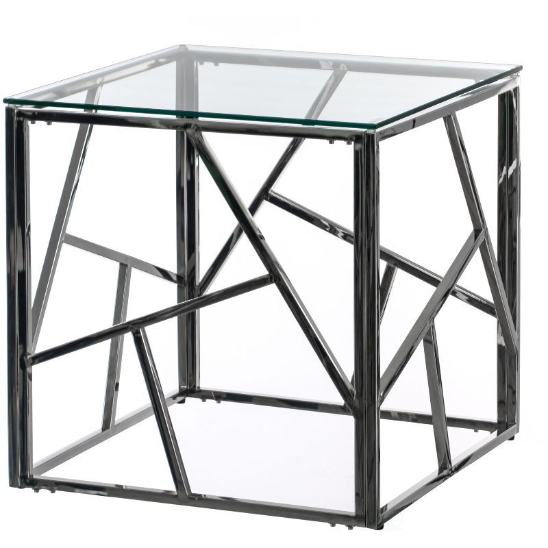 Modern Silver Metal End Table with Tempered Glass Top