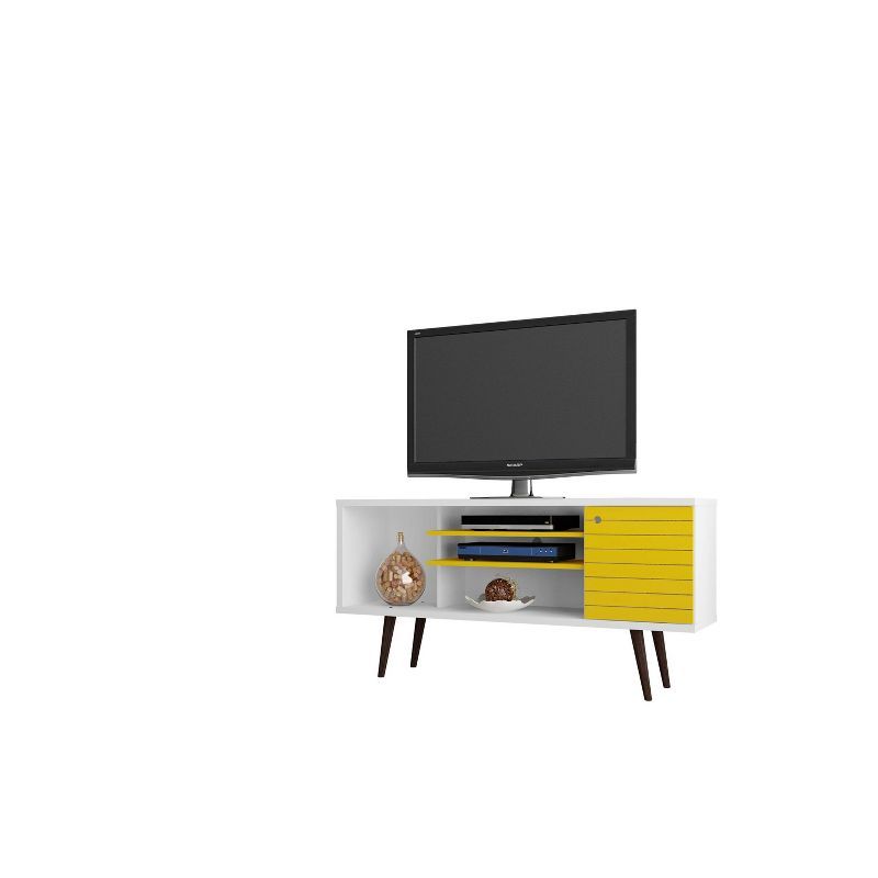 White and Yellow Mid-Century Modern TV Stand with Cabinet